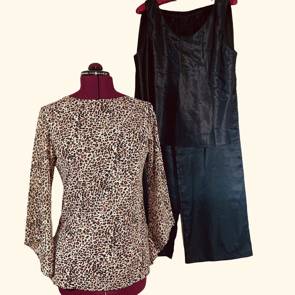 Susan Lucci 3 Piece Leopard and Black Pajama Lounge Set Womens Medium